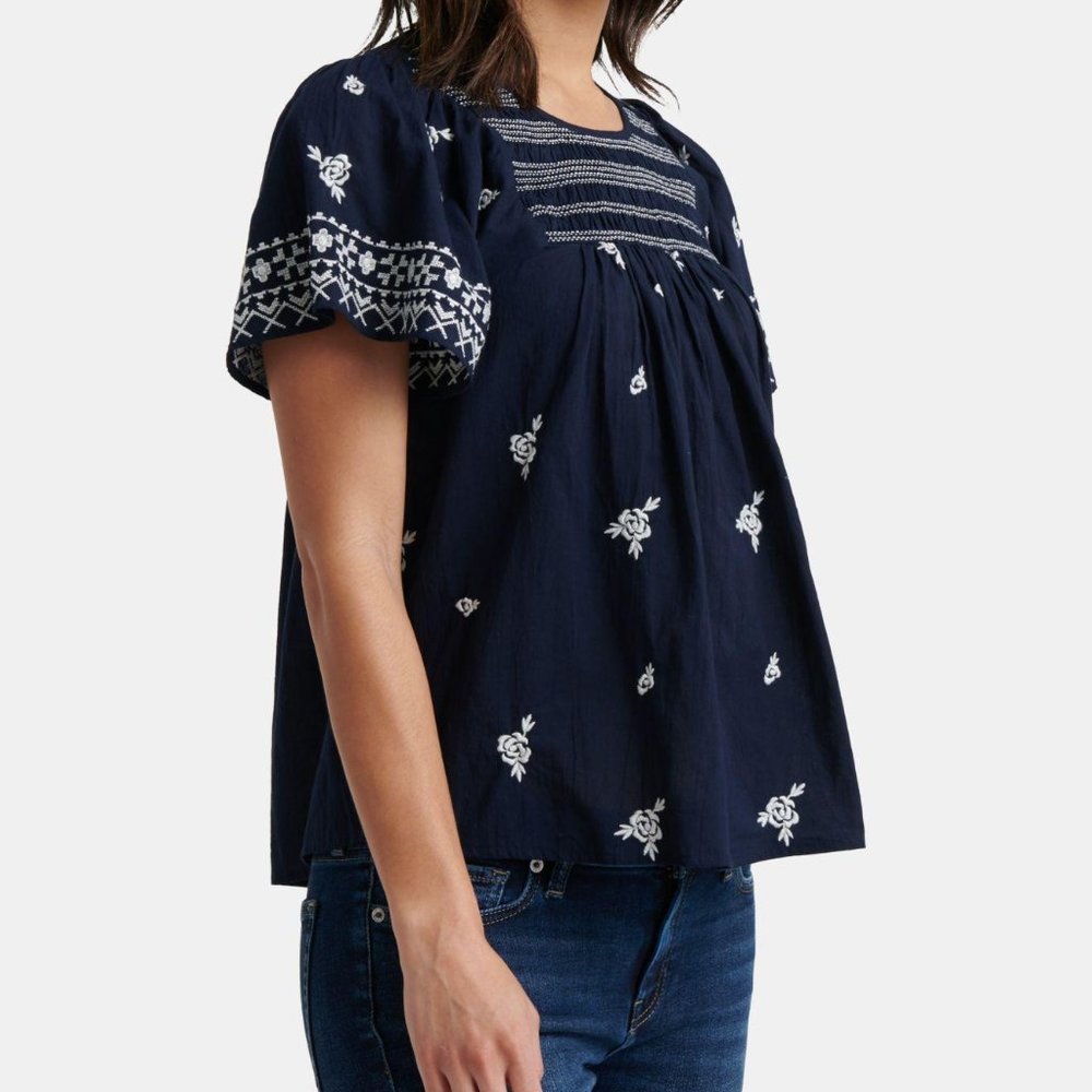 NWT Lucky Brand | Embroidered Smocked Top | Blue